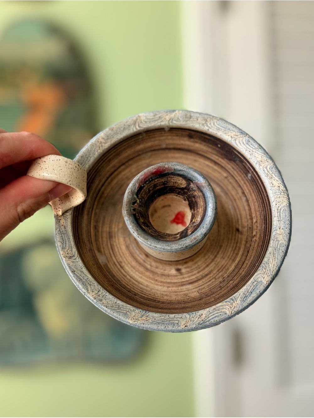 Handmade Ceramic Taper Chamber Style Candle Holder in Cream and Blue - Picture 2 of 6